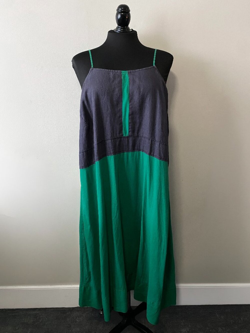 Handmade Plus Size Linen Cotton Green Blue Strappy Dress